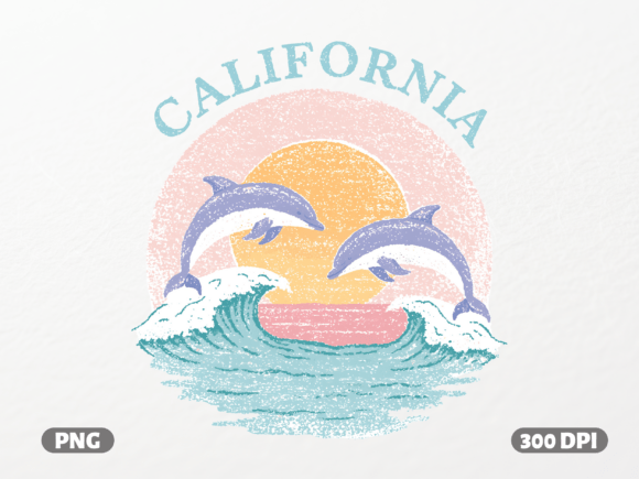 Retro California Dolphins PNG for Graphics & T-Shirt Designs